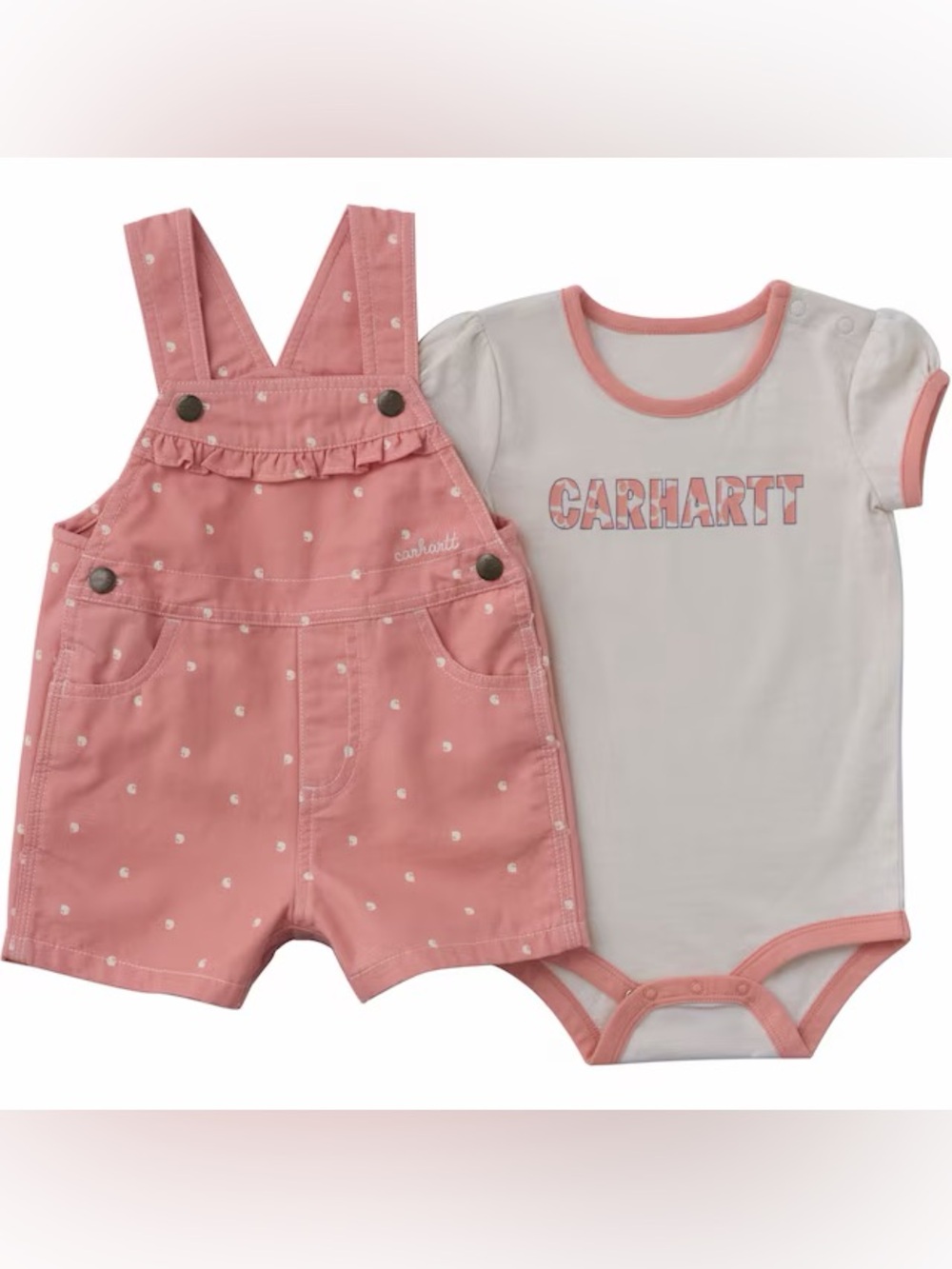 Carhartt Baby Short Sleeve Bodysuit and Pink Canvas Shortall